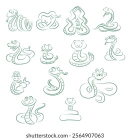 Large set of stylized green snakes symbol of 2025 on a white background. Vector.