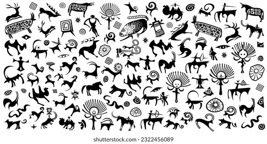 A large set of stylized petroglyphs,  rock paintings of Central Asia, isolated on white background, vector design