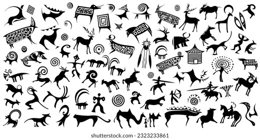 A large set of stylized petroglyphs,  rock paintings of Central Asia, isolated on white background, vector design