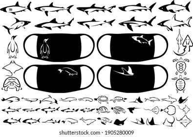A large set of stylized sea animals. Vector set of prints for masks and other purposes. Vector illustration.