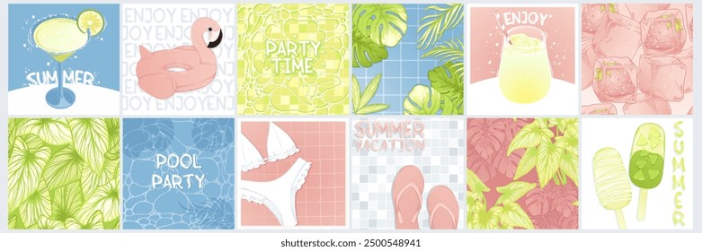 large set of summer banners and cards, bright illustrations for coupons, cards and backgrounds in pink and green colors, postcards with a pool and sea, summer backgrounds for design and illustration
