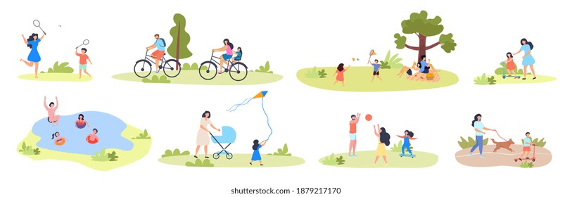 Large set of summer family activities showing kids and parents, swimming, flying kite, playing racket ball, on a picnic, walking the dog and cycling, vector illustration