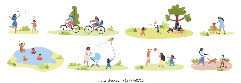 Large set of summer family activities showing kids, parents, swimming, flying kite, playing racket ball, on picnic, walking dog, cycling, flat cartoon vector illustrations isolated on white background