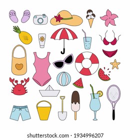 Un gran conjunto con artículos de verano para vacaciones, vacaciones y viajes. Ilustración vectorial en estilo doodle.