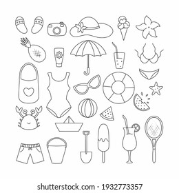 A large set with summer objects. Items for summer holidays and vacations by the sea. Vector illustration in the doodle style.