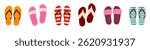 Large set of summer slippers and sandals in various colors and styles on white background
