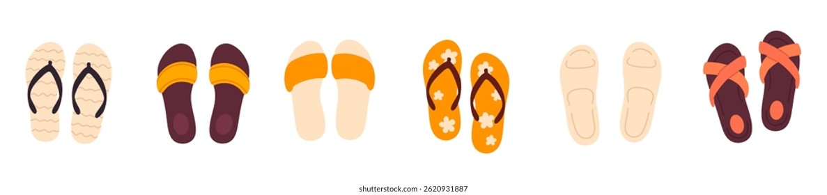 Large set of summer slippers and sandals in various colors and styles on white background