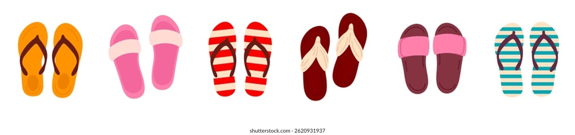 Large set of summer slippers and sandals in various colors and styles on white background