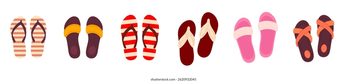 Large set of summer slippers and sandals in various colors and styles on white background