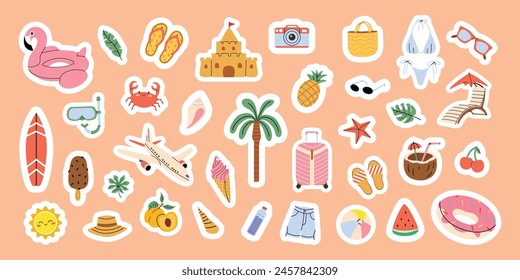 Large set of summer stickers. Fruit, palm tree, flamingo, flip flops, suitcase. Beach accessories, tourism. Elements for scrapbooking.  Flat vector illustration on peach isolated background. 