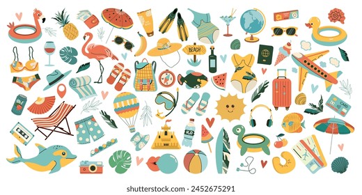 Large set of summer stickers. Icons for tropical vacation. Seasonal elements collection. Icons, signs, banners. Bright summertime poster. 