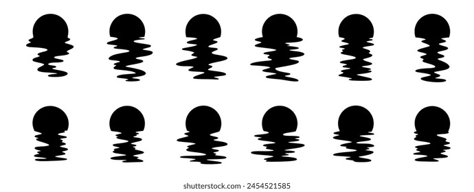 Large set of sun silhouettes. Vector reflection in water. Sunset in waves.