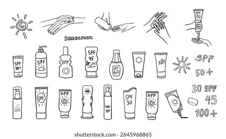 Large set of sunscreens in different tubes in doodle style. Cream spf, apply hand cream, sunblock, sun. Summer time. Adventure. Hand drawn vector illustration. Great for poster, banner