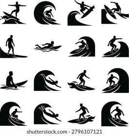 Large set of surfing icons featuring men on waves with different surfing poses and maneuvers for professional design.