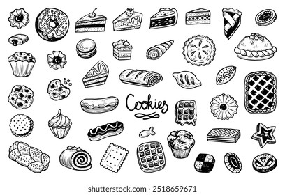 Large set of sweet desserts hand drawn doodle. Tasty food. Pastries, cakes, candies, cookies, pies, muffins, waffles. Vector outline line art illustration.