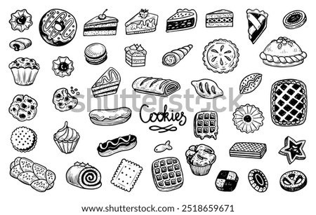 Large set of sweet desserts hand drawn doodle. Tasty food. Pastries, cakes, candies, cookies, pies, muffins, waffles. Vector outline line art illustration.