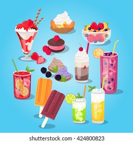 Large set of sweets food. Pastries with berries and cream, cake and ice cream on a stick in a cup of glass. Collection cooling fruit drinks with ice cubes isolated on background. Vector illustration