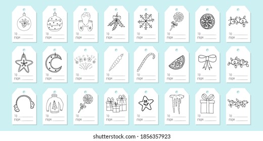 Large set of tags for gift boxes. A collection of labels with Christmas and winter elements hand-drawn in Doodle style. Black and white vector illustration isolated on a white background