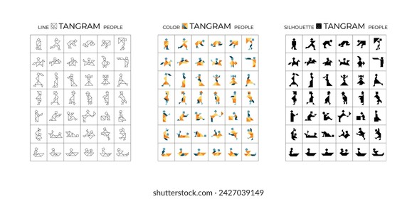 Large set of Tangram puzzle cards for kids. Collection of 42 different people cards. Geometric puzzle for the development of logic. Board game. Lines, color, silhouette. Stock vector illustration.