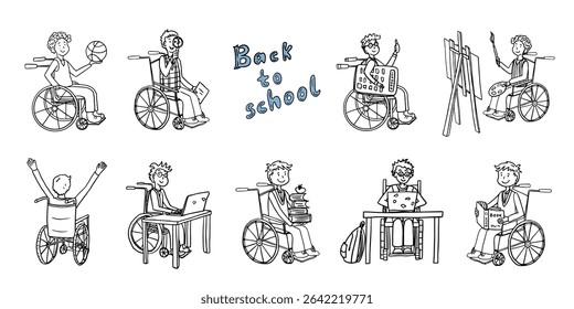 Large set of teen boy in a wheelchair. Inclusive education. Inclusivity. School students. School kids in a wheelchair. Back to school. Doodle style. Great for banner, posters, professional design.