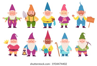 Large set of ten cute cartoon gnomes with assorted accessories