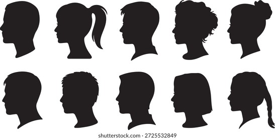 Um grande conjunto de dez silhuetas da cabeça humana diversificadas, mostrando vários perfis masculinos e femininos e penteados.