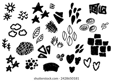 A large set of textured graphic elements, suns, curls, leaves, old paint, crayon, pastel, ink. Vector set.