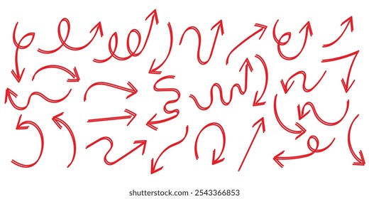 Large set of thin arrows of different shapes, drawn by hand. Vector illustration of simple pointer symbols - connections for infographics, presentation, social networks.