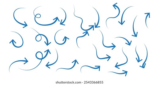Large set of thin arrows of different shapes, drawn by hand. Vector illustration of simple pointer symbols - connections for infographics, presentation, social networks.