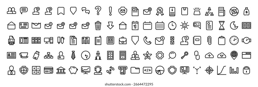 Large set of thin line icons representing business and office concepts