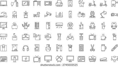 Large set of thin line icons featuring office supplies, home appliances, electronic devices, computer hardware, furniture, medical tools, and stationary items.