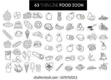 Large set of thin, linear icons. 63 isolated from background element. Images on the theme of baking, sweets, fruits, fast food, ice cream, superfood, sushi, honey, tea, nuts, cake, cake.