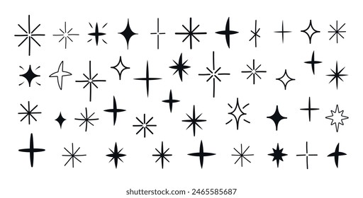Large Set of thin uneven dynamic black stars of different shapes and types, hand-drawn on a white background. Isolated grunge elements for presentation, cards, business, study. Vector illustration Eps