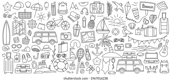 A large set with things for traveling to the mountains and the sea. Set of travel things on vacation. Summer collection. Vector line icon. Editable stroke. Doodle style