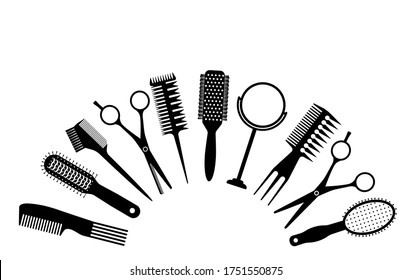 Eine große Auswahl an Werkzeugen für den Friseur oder Groomer. schwarze Silhouette. Flache Vektorgrafik einzeln auf weißem Hintergrund.