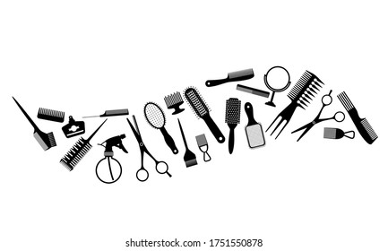 A large set of tools for the hairdresser or groomer. black silhouette. Flat vector illustration isolated on white background.