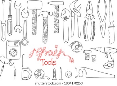 A large set of tools. Wrenches, pliers, wire cutters, screwdrivers, hammers, bolts and nuts, saws, electric drill and measuring device. Graphics. Doodle. Hand drawn