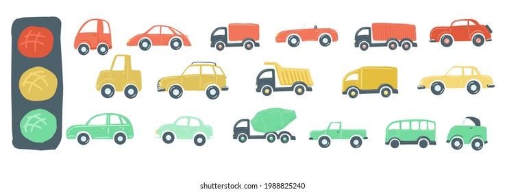 large set of toy cars flat simple cartoon style hand drawing. vector illustration