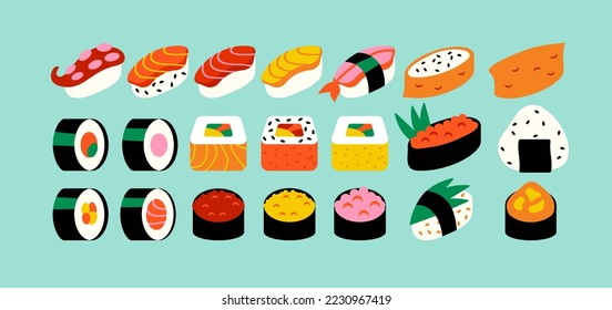 Un gran surtido de platos asiáticos tradicionales. sushi japonés, sashimi, panecillos, onigiri. Imágenes de alimentos