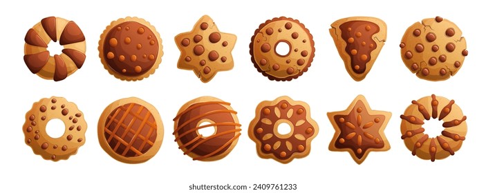 A large set of traditional chocolate cookies in different shapes. Shortbread cookies with chocolate chips. Detailed Cartoon style vector.