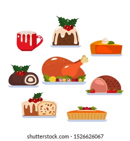 A large set of traditional dishes for Christmas and Thanksgiving. Baked turkey, Christmas pudding, pumpkin pie, coffee drink with milk foam. vector illustration isolated on white background