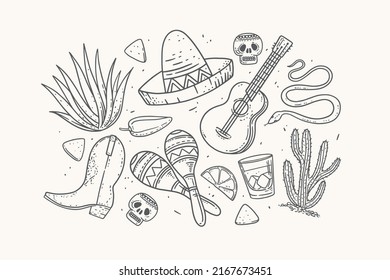 Large set of traditional Mexican symbols in linear style. Drawn agave, guitar, sombrero, maracas, cactus, skull, snake, boot, glass, pepper. Vector illustration on an isolated background.