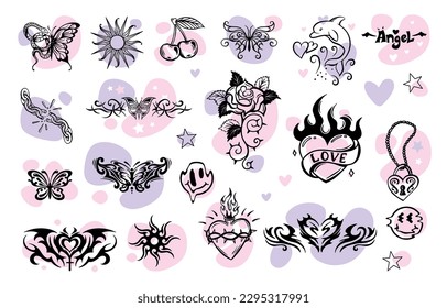 A large set of transferable temporary girl tattoos. Celtic pattern. Emo, goths, heart, style of the 90s.