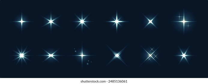 A large set of translucent variety of shining stars. Stars, flashes and lights of different shapes. Vector illustration for your graphic design.