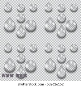 A large set of transparent water drops on checkered background, vector illustration