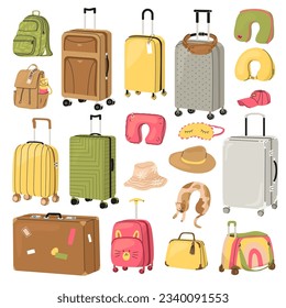 Un gran conjunto de artículos de viaje. Las maletas de diferentes formas y colores para adultos y niños. almohadas y sombreros de avión, bolsas de negocios y mochila. Ilustración vectorial aislada en fondo blanco. 