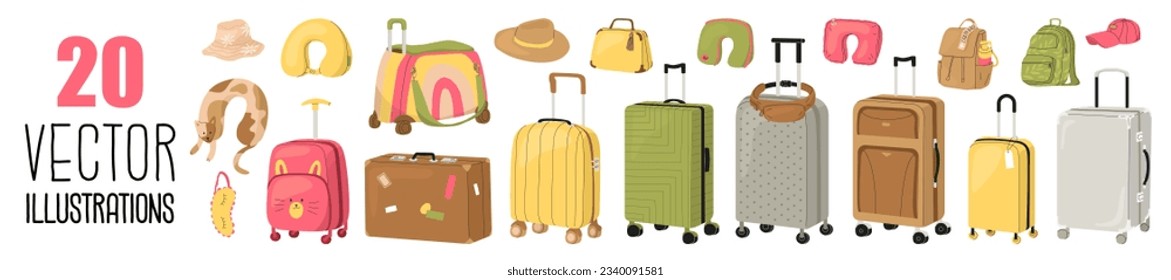 A large set of travel items. Different shapes and colors suitcases for adults and children. Airplane pillows and hats, business bags and backpack. Vector illustration isolated on white background. 