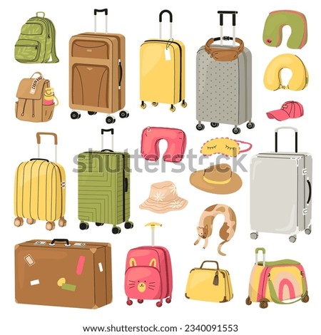 A large set of travel items. Different shapes and colors suitcases for adults and children. Airplane pillows and hats, business bags and backpack. Vector illustration isolated on white background. 
