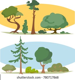 large set of trees, bush, bonsai, pine, larch, vector, coniferous, flat, fir
