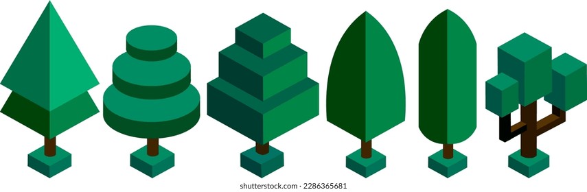 Large set of trees of different shapes in isometric Vector